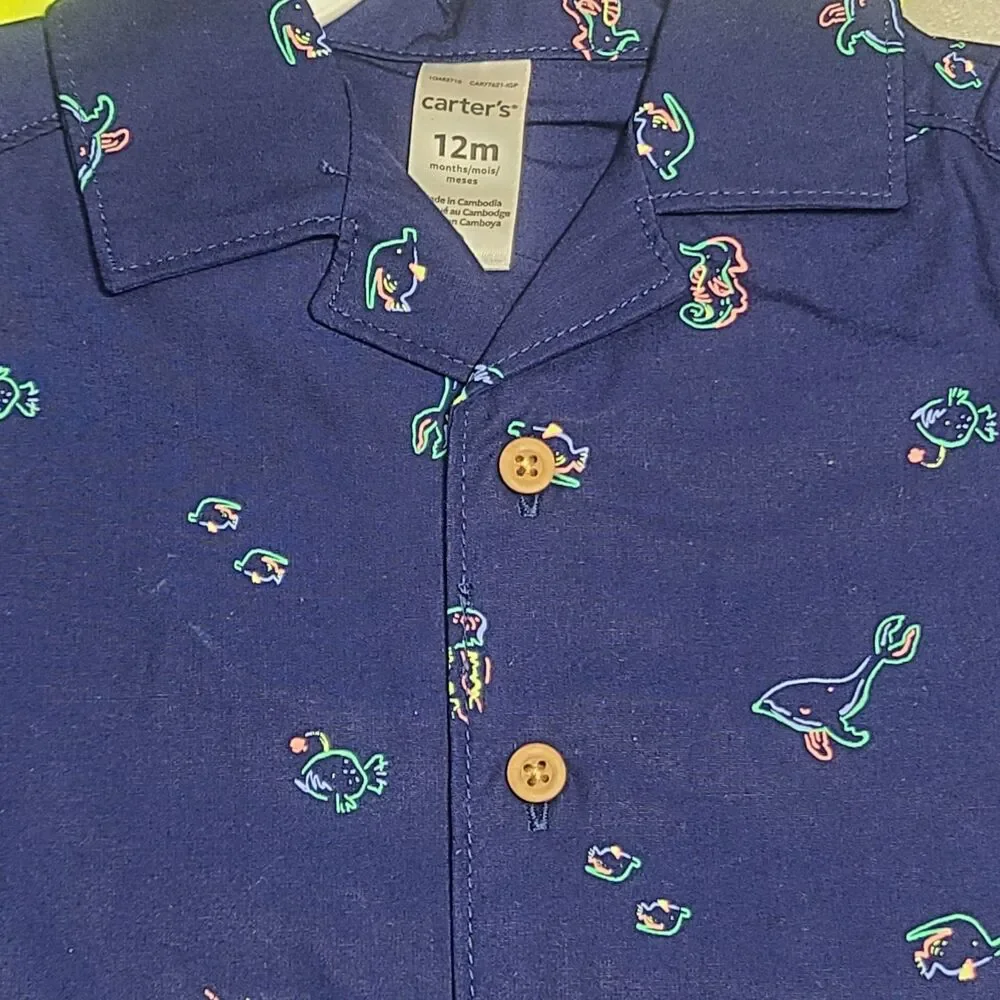 Carters Baby Boy Button Up Shirt, Shorts, Bodysuit 3pc Set Beach Summer Fish 12M
